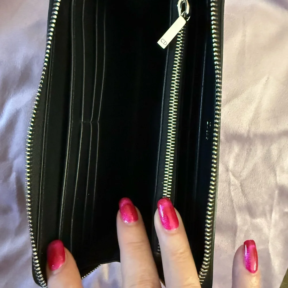 Dior Black Zip-Around Leather Wallet with Silver Bee Accent